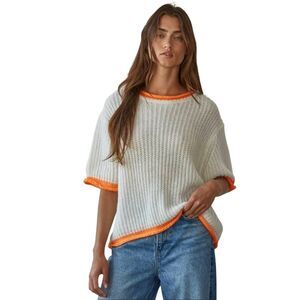 Easy Clothes Women's White w Bright Orange Trim Acrylic Knit Short Sleeve Oversi